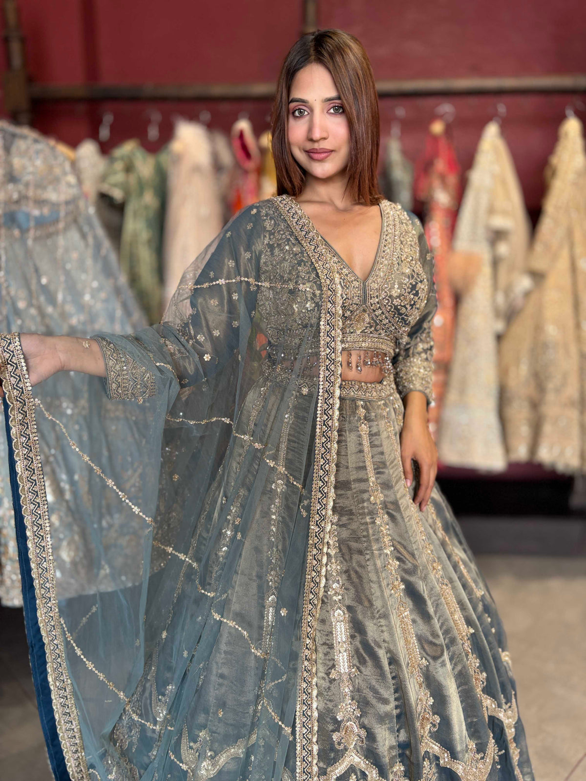 Dusty Blue Heavy Embroidered Designer Lehenga with Dupatta