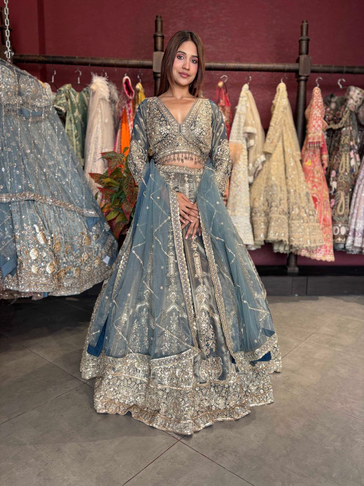Dusty Blue Heavy Embroidered Designer Lehenga with Dupatta