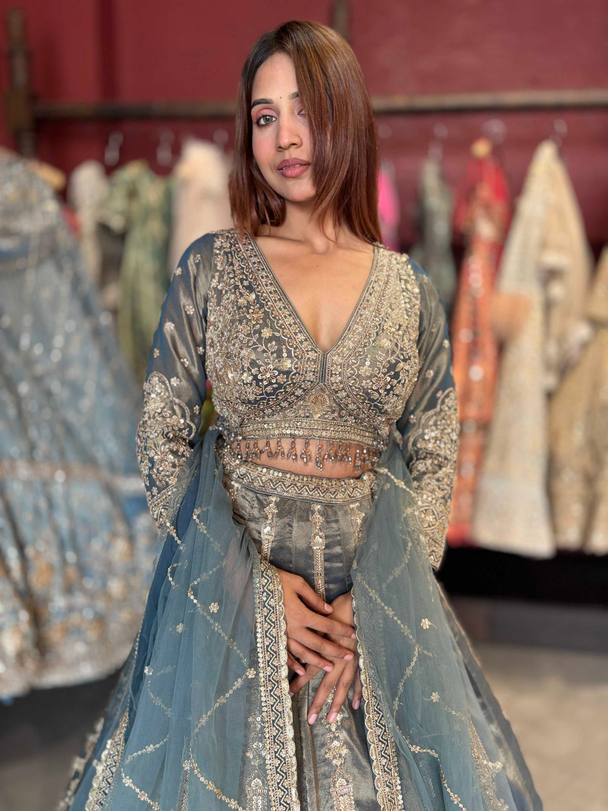 Dusty Blue Heavy Embroidered Designer Lehenga with Dupatta