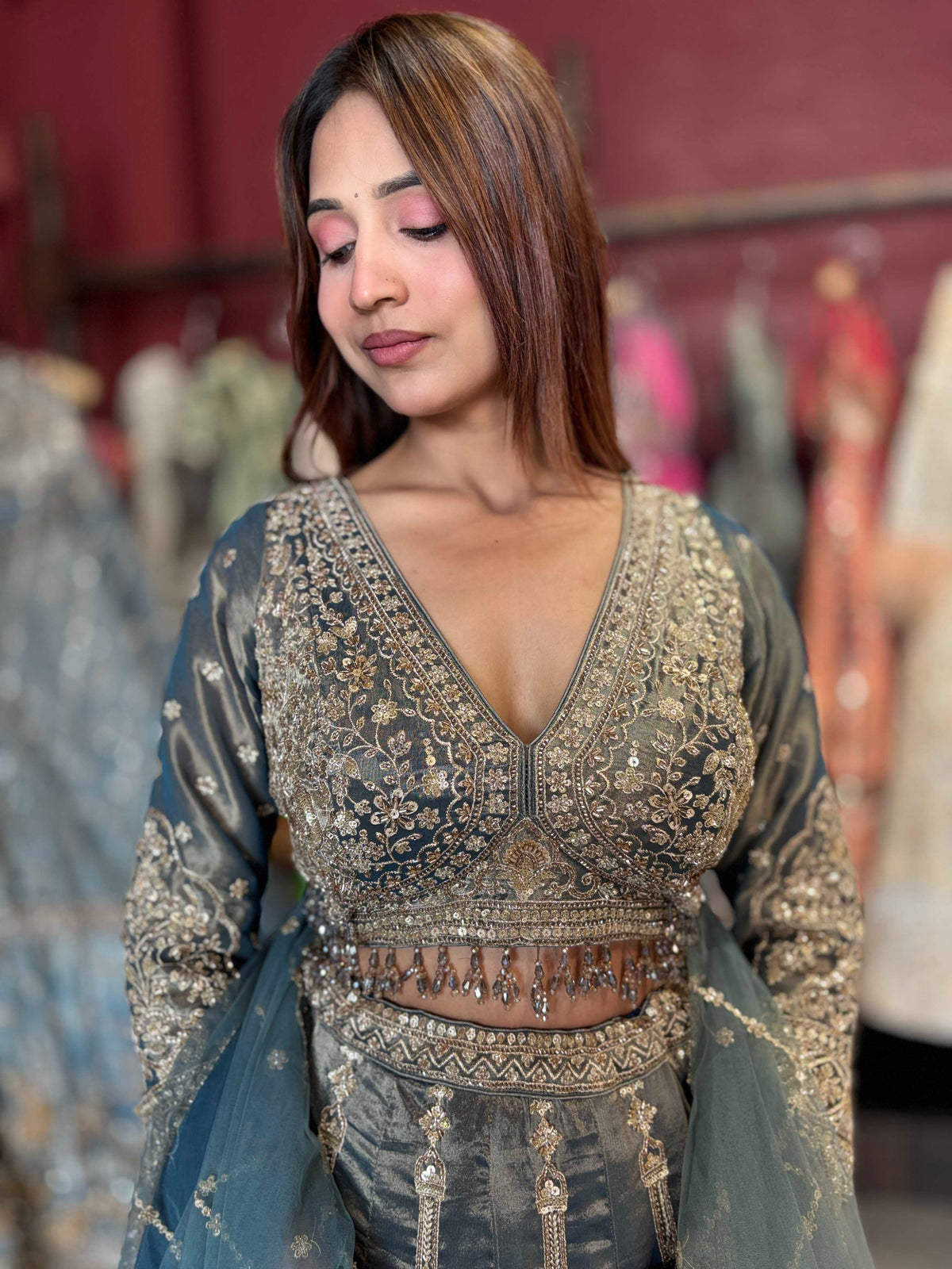 Dusty Blue Heavy Embroidered Designer Lehenga with Dupatta