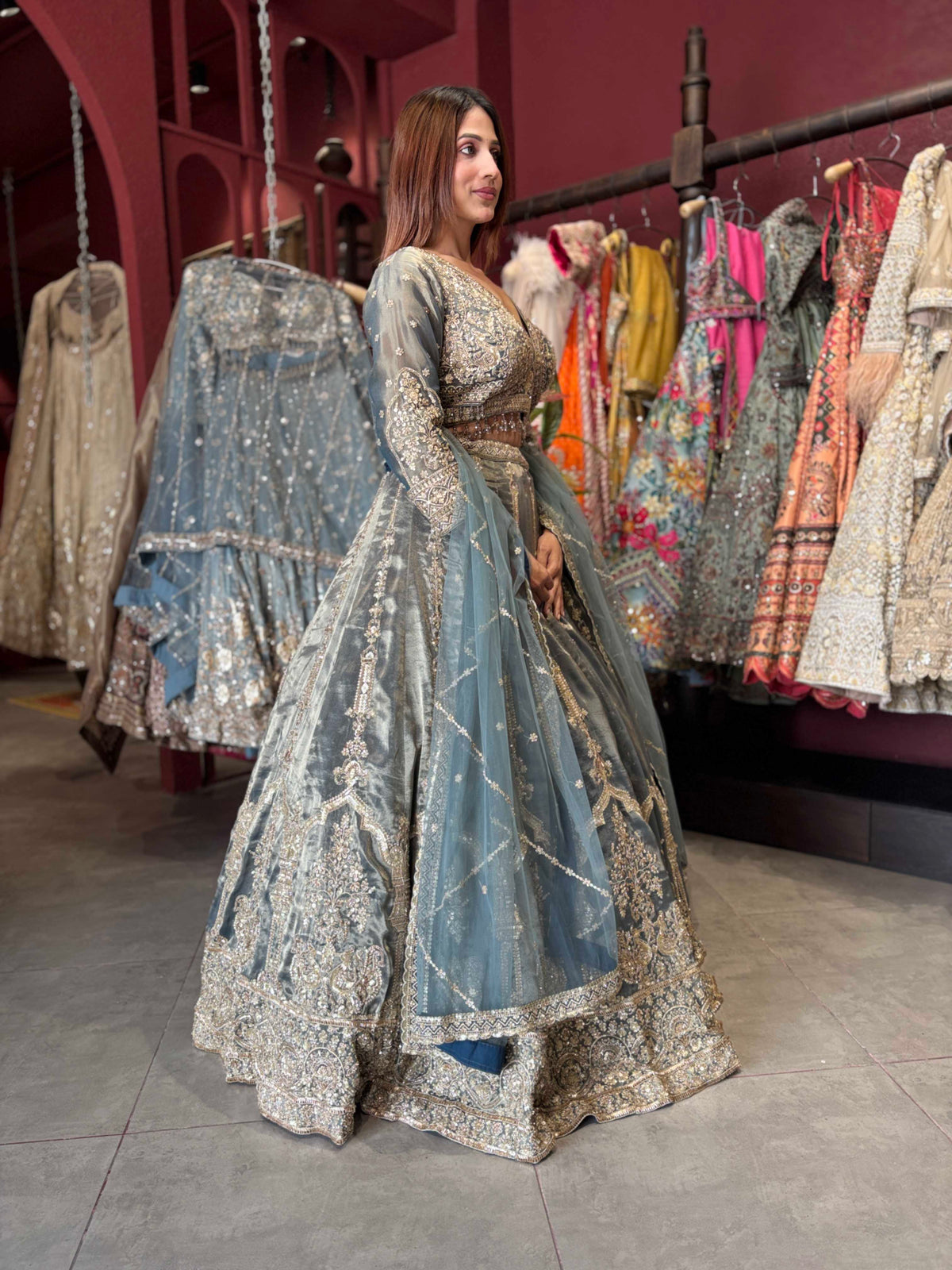 Dusty Blue Heavy Embroidered Designer Lehenga with Dupatta