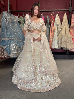 Ivory Champagne Heavy Embroidered Lehenga with Dupatta