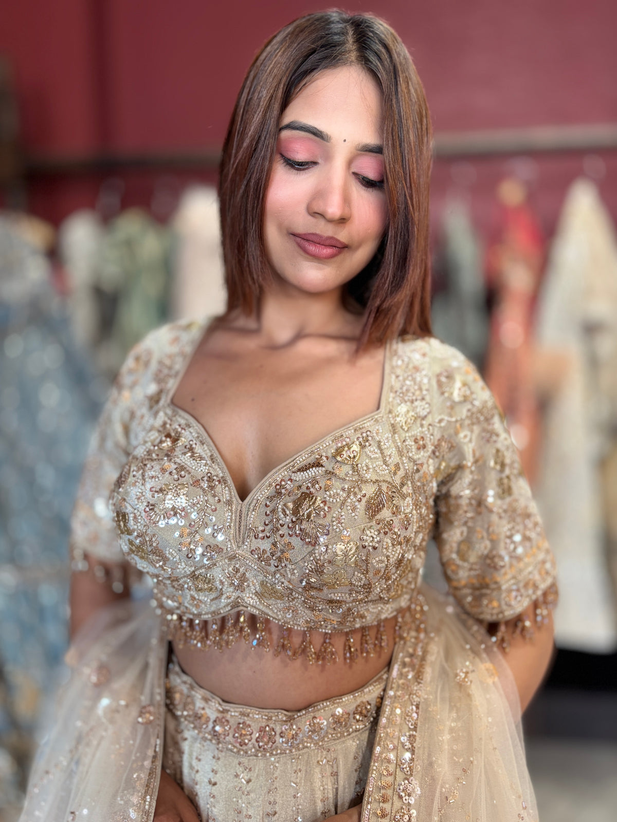 Ivory Champagne Heavy Embroidered Lehenga with Dupatta