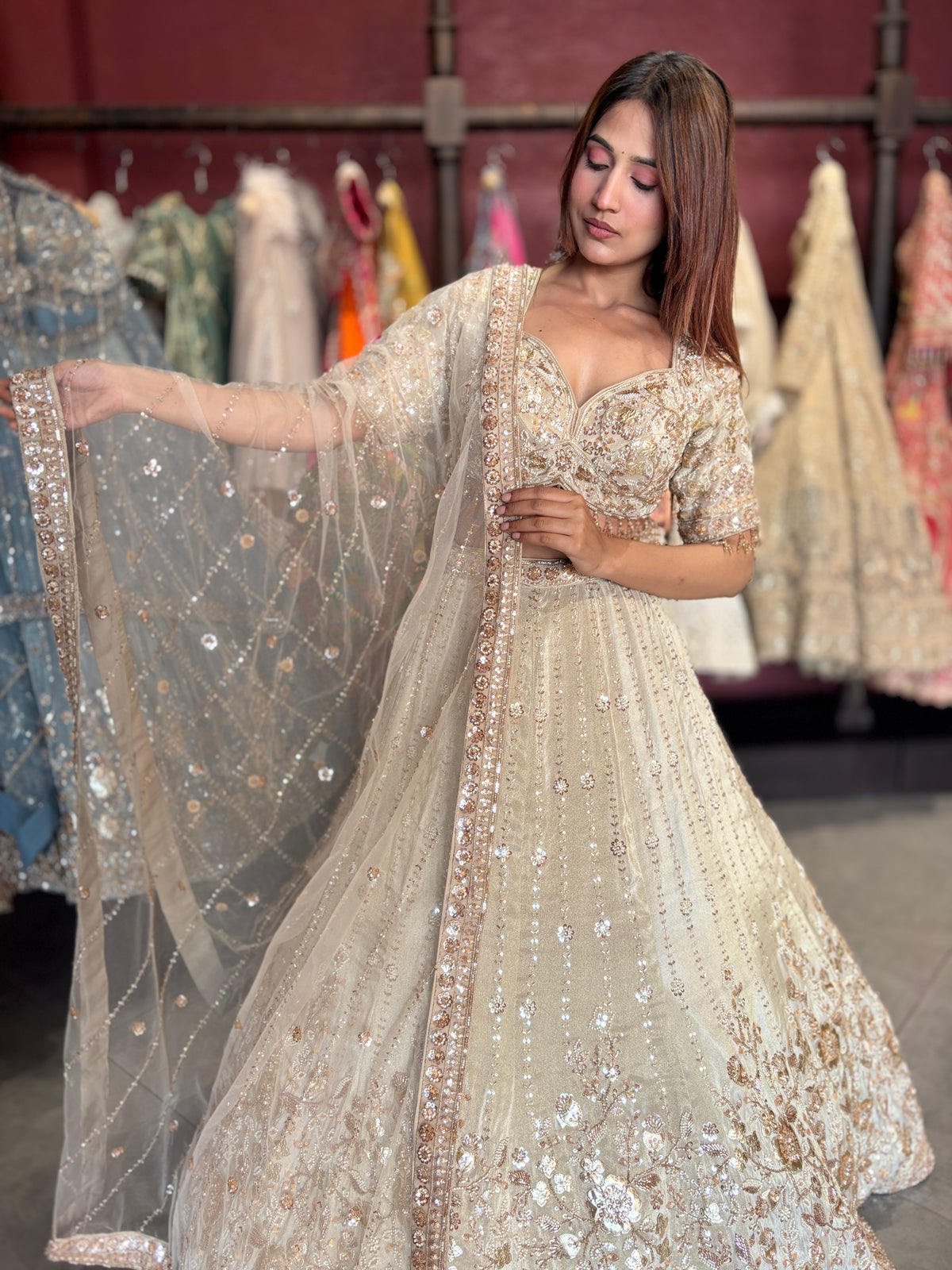 Ivory Champagne Heavy Embroidered Lehenga with Dupatta