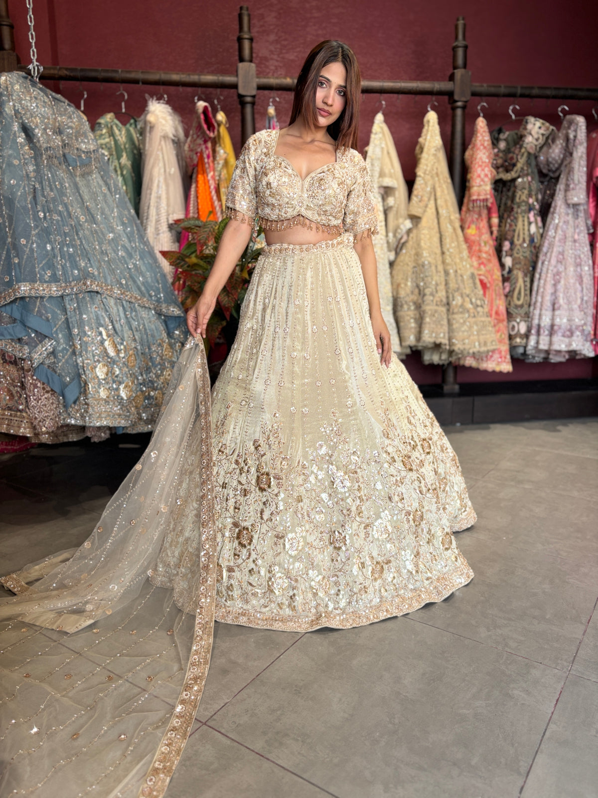 Ivory Champagne Heavy Embroidered Lehenga with Dupatta