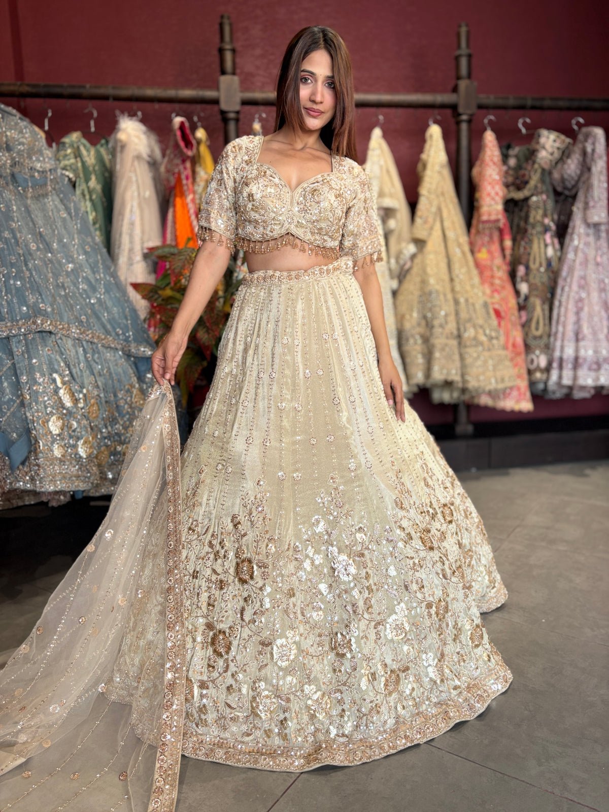 Ivory Champagne Heavy Embroidered Lehenga with Dupatta