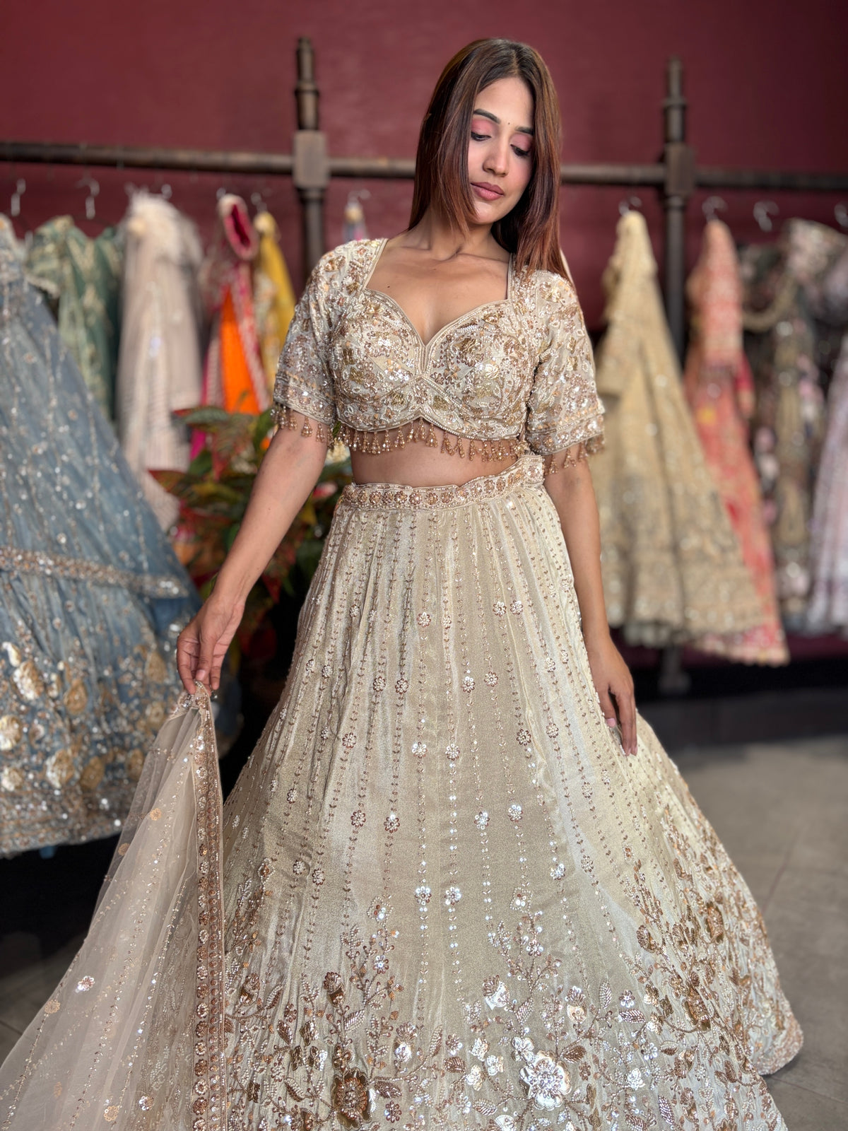 Ivory Champagne Heavy Embroidered Lehenga with Dupatta