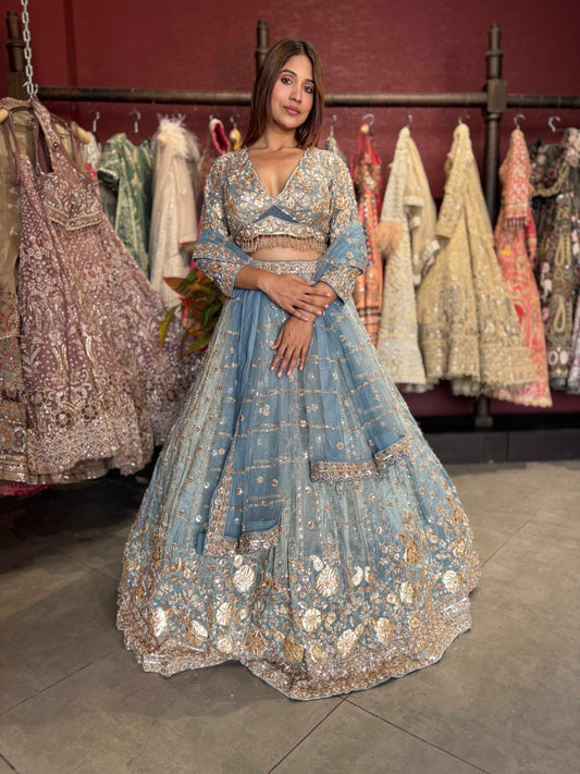 Powder Blue Gold Embroidered Designer Lehenga with Dupatta