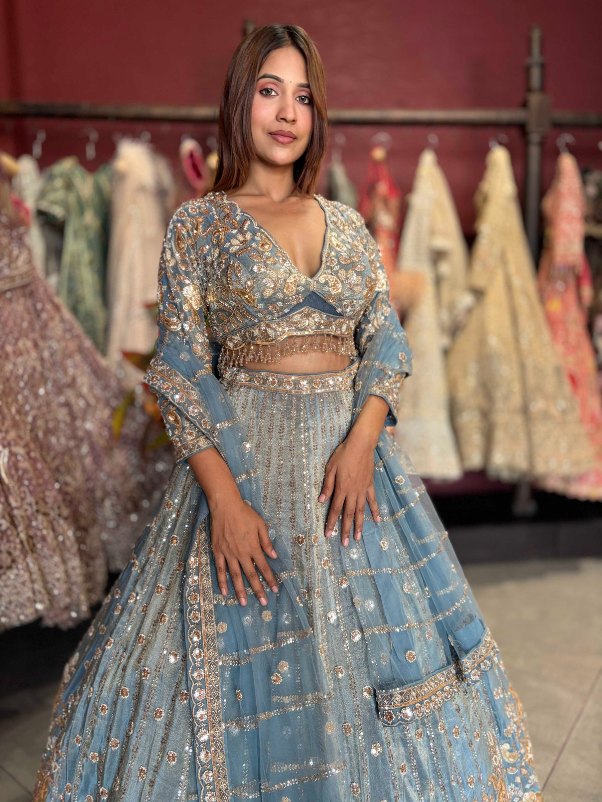 Powder Blue Gold Embroidered Designer Lehenga with Dupatta