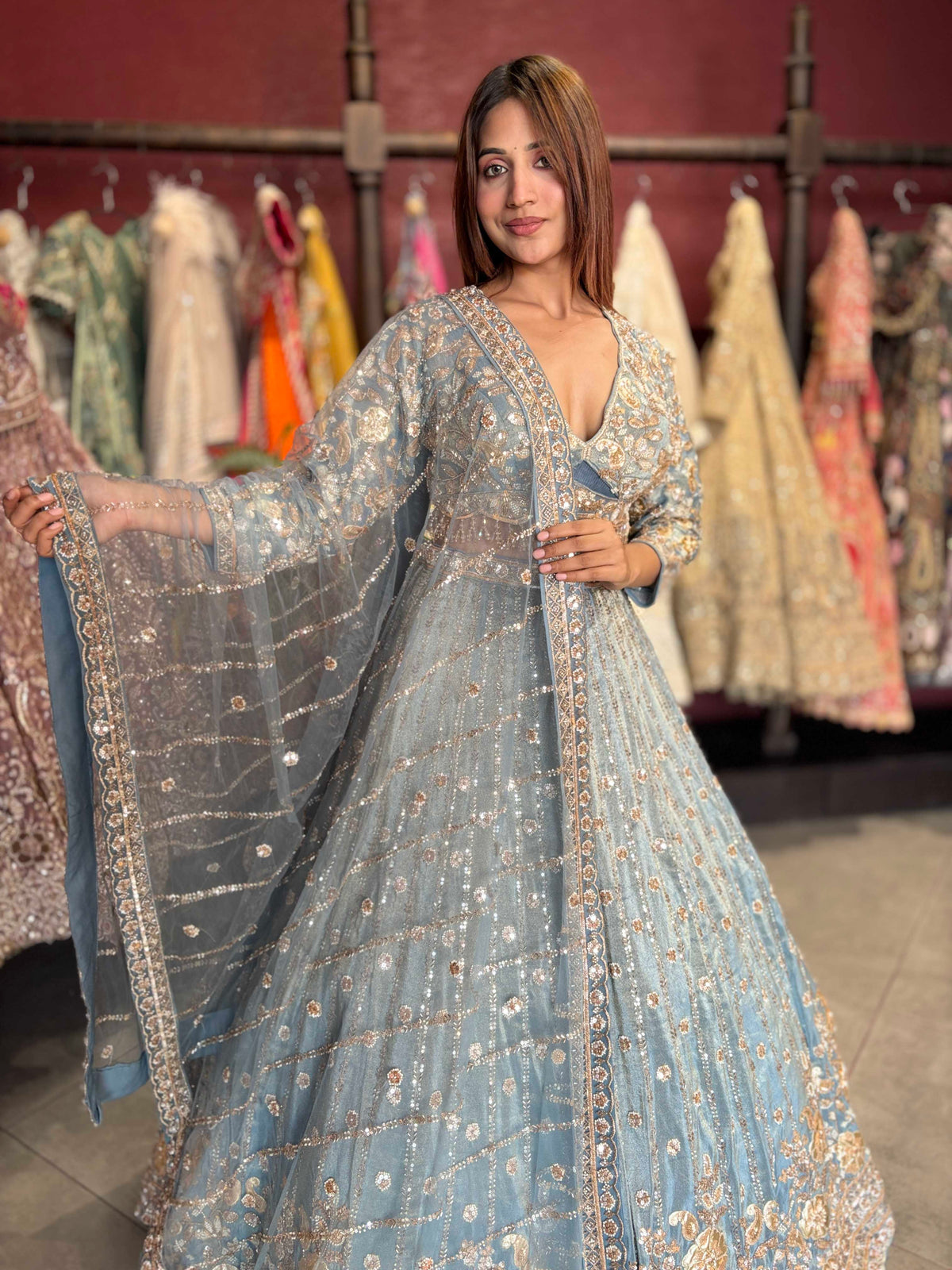 Powder Blue Gold Embroidered Designer Lehenga with Dupatta