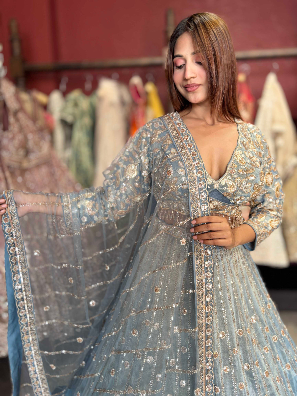 Powder Blue Gold Embroidered Designer Lehenga with Dupatta