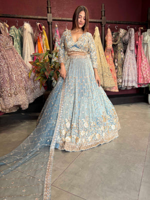 Powder Blue Gold Embroidered Designer Lehenga with Dupatta