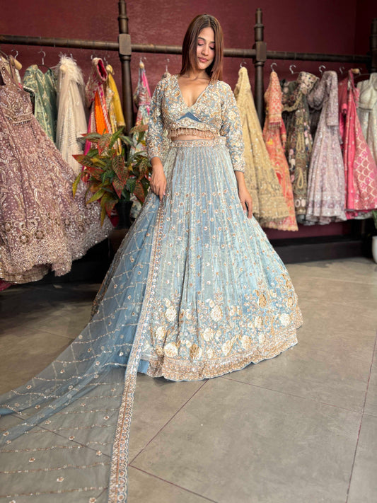 Powder Blue Gold Embroidered Designer Lehenga with Dupatta