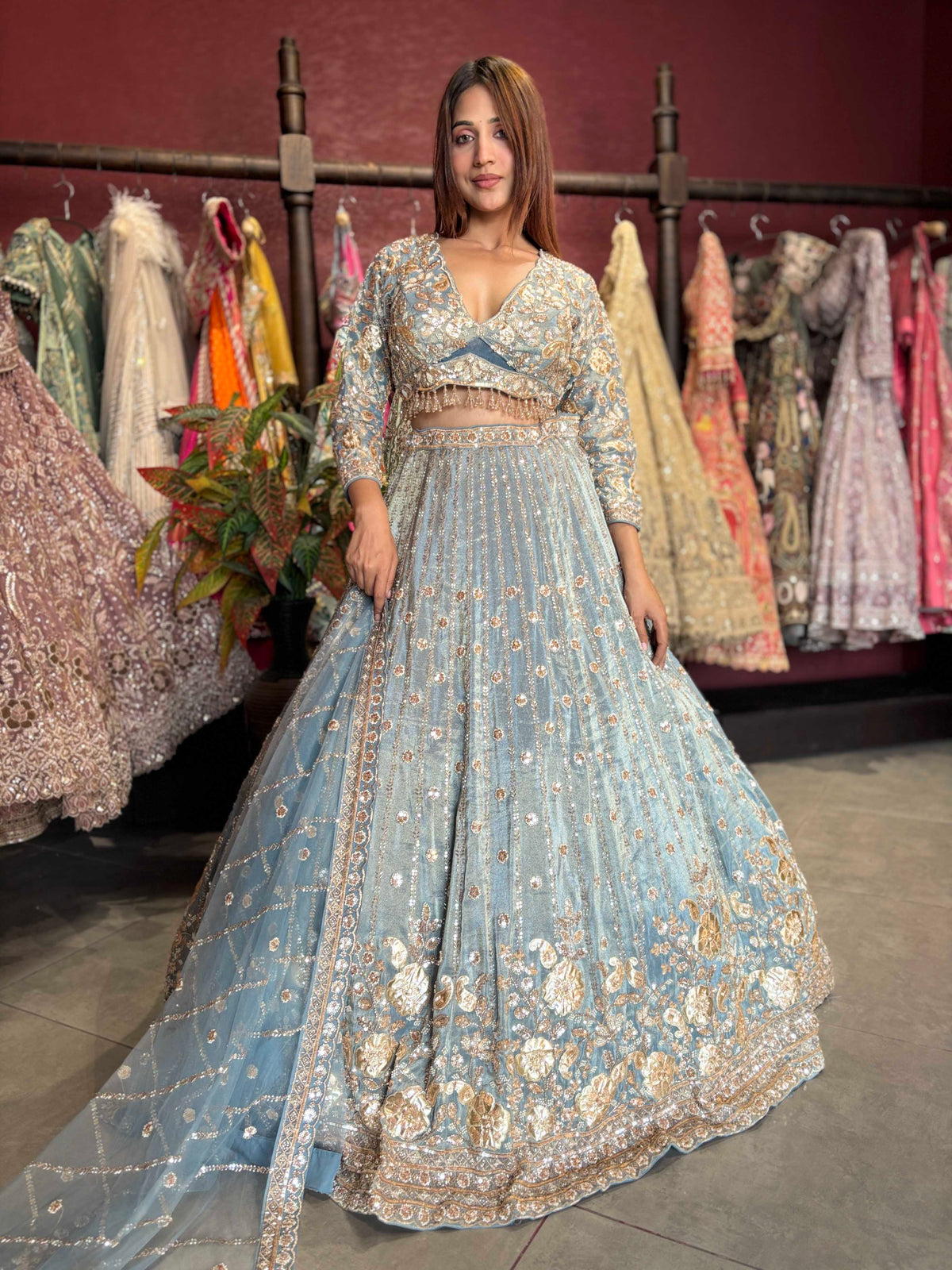 Powder Blue Gold Embroidered Designer Lehenga with Dupatta