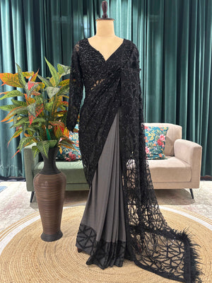 Black Designer Saree with Geometric Sequin Embroidery