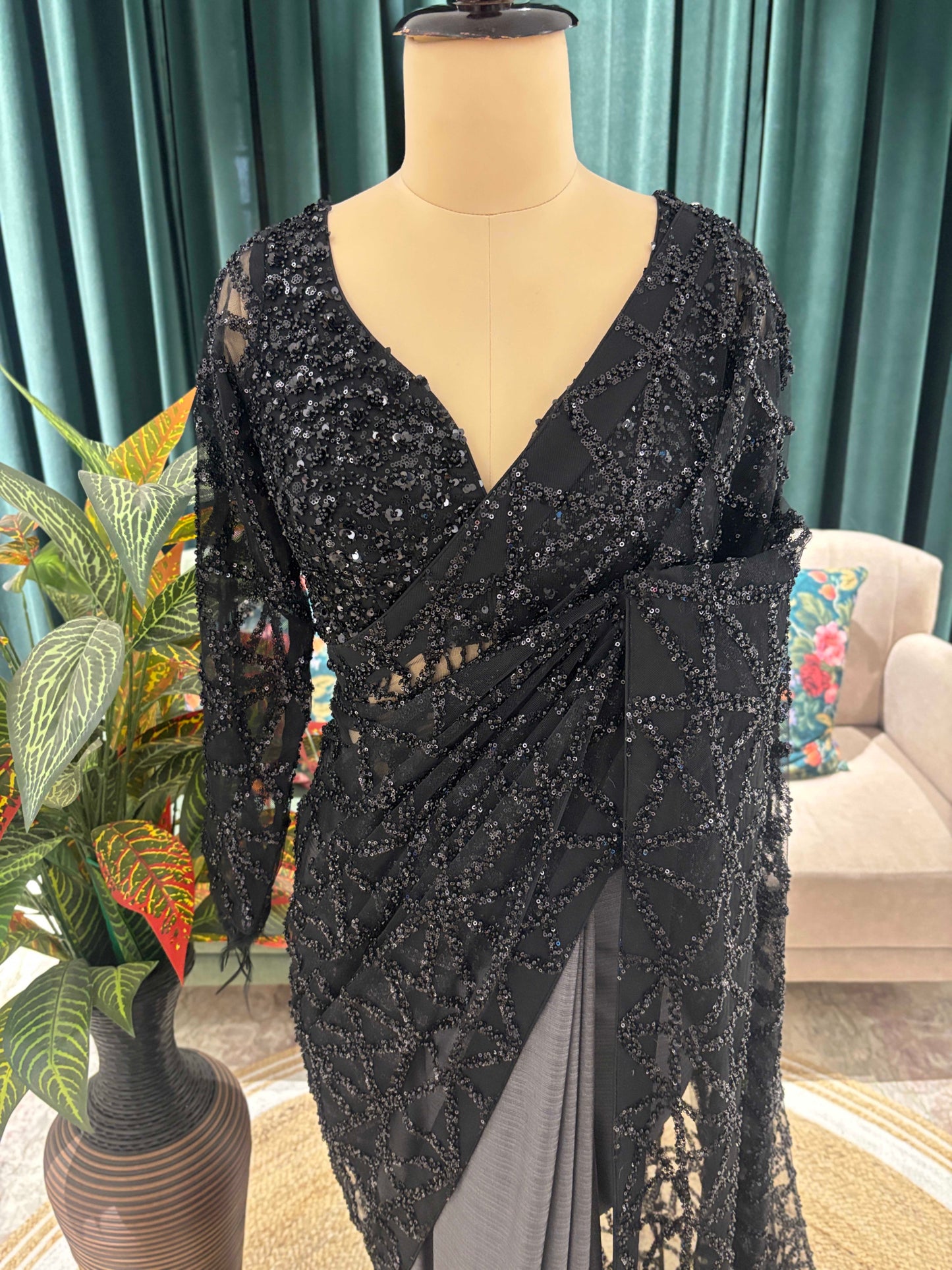 Black Designer Saree with Geometric Sequin Embroidery