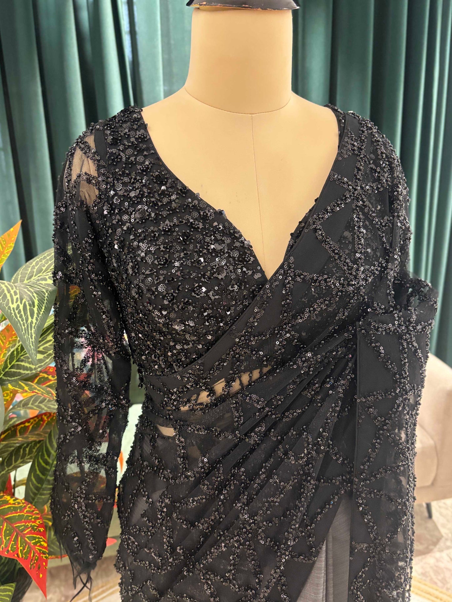 Black Designer Saree with Geometric Sequin Embroidery