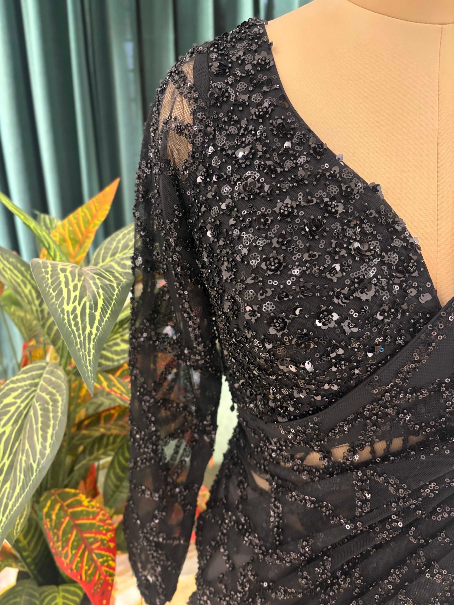 Black Designer Saree with Geometric Sequin Embroidery