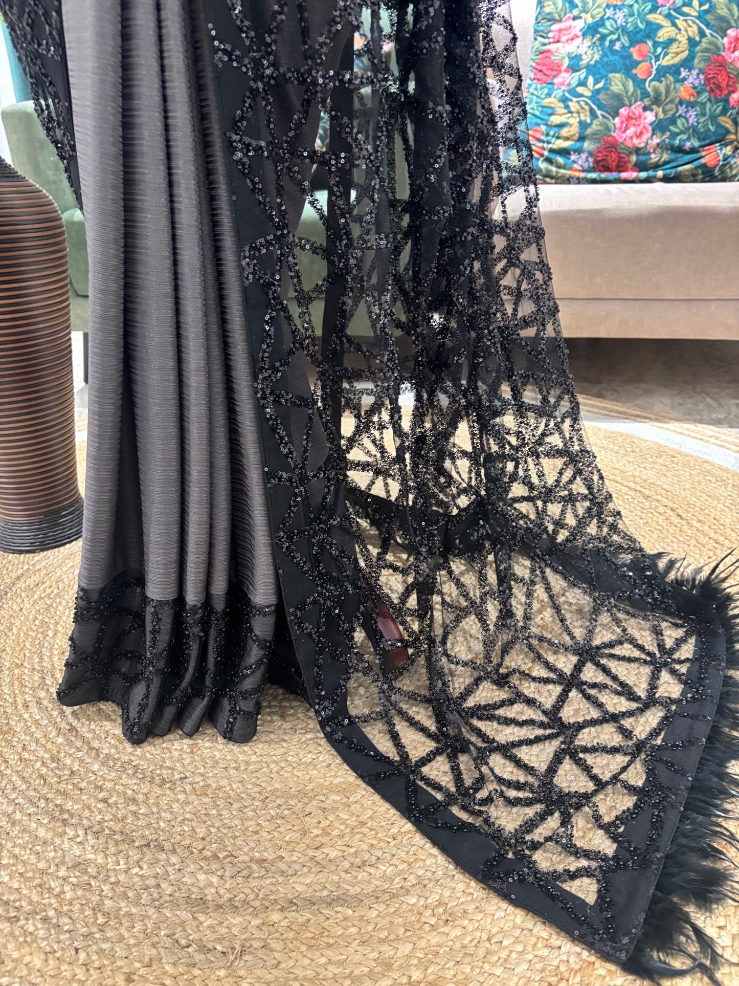 Black Designer Saree with Geometric Sequin Embroidery