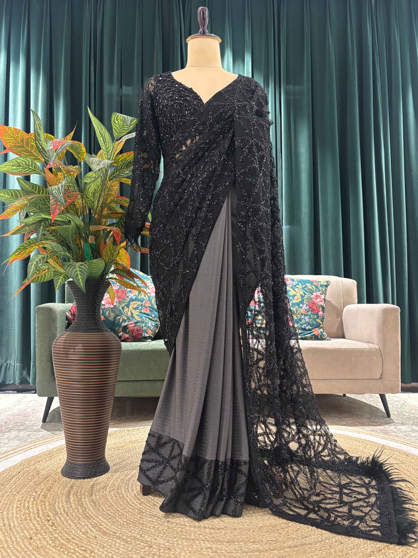 Black Designer Saree with Geometric Sequin Embroidery