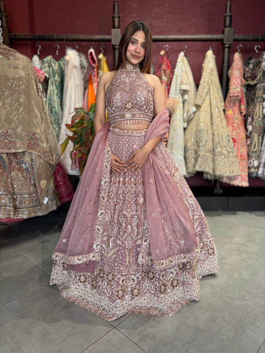 Dusty Mauve Heavy Embroidered Lehenga with Dupatta