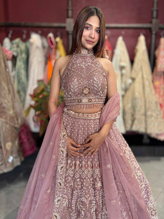 Dusty Mauve Heavy Embroidered Lehenga with Dupatta