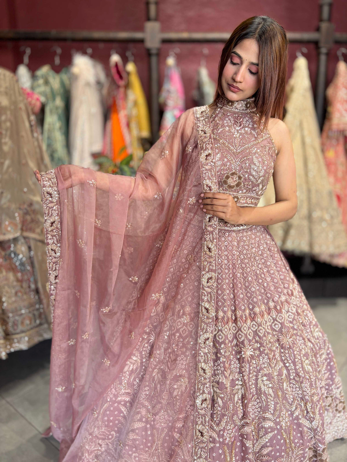 Dusty Mauve Heavy Embroidered Lehenga with Dupatta