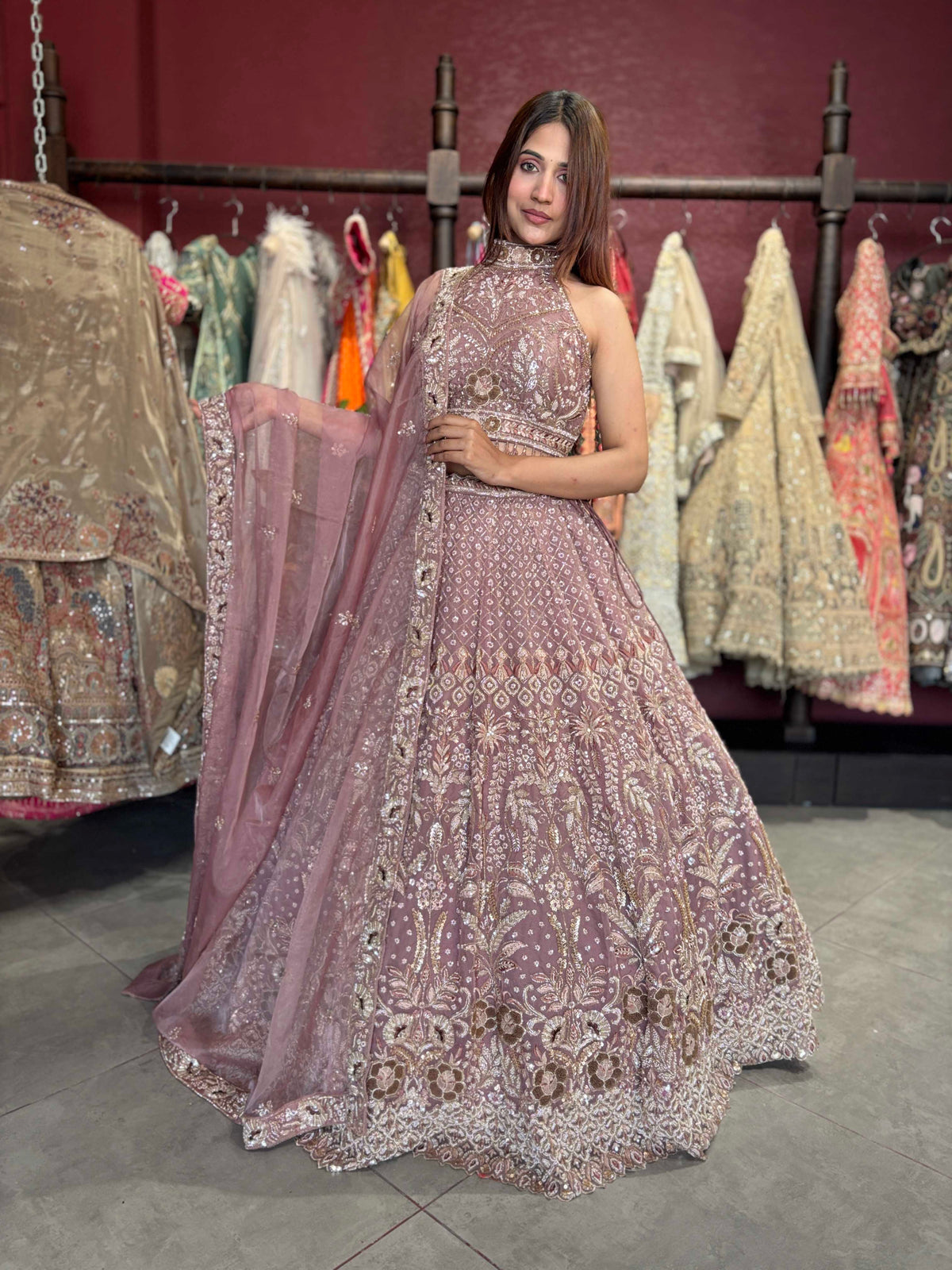 Dusty Mauve Heavy Embroidered Lehenga with Dupatta