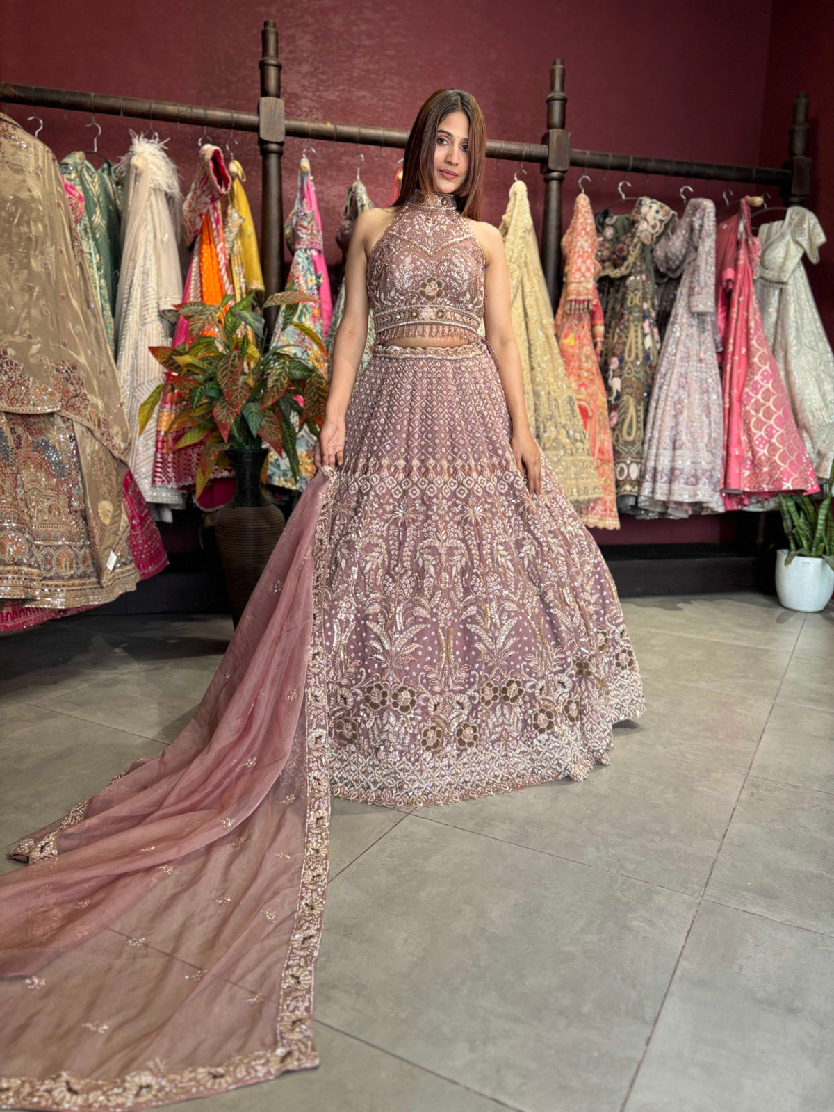 Dusty Mauve Heavy Embroidered Lehenga with Dupatta
