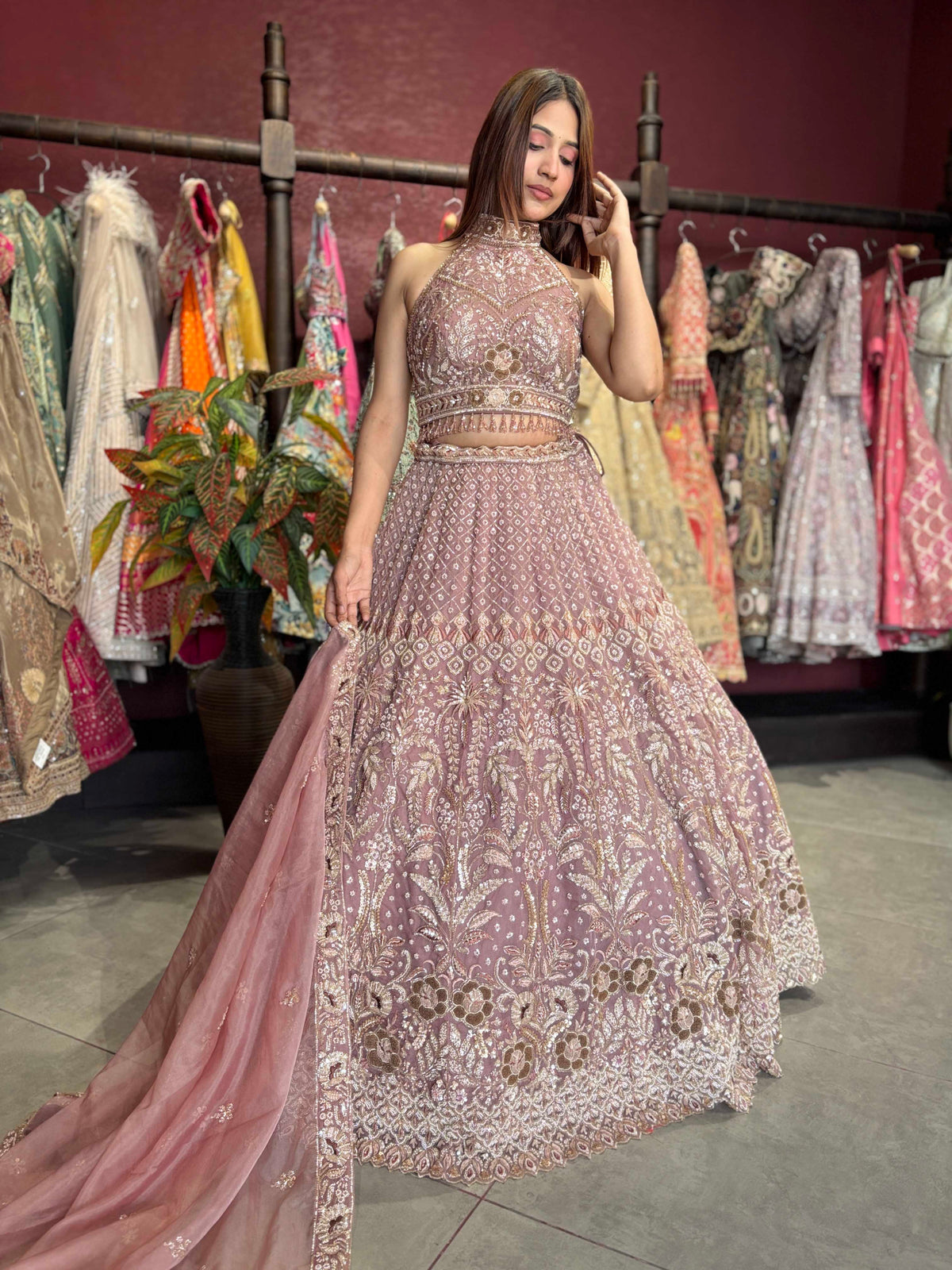 Dusty Mauve Heavy Embroidered Lehenga with Dupatta