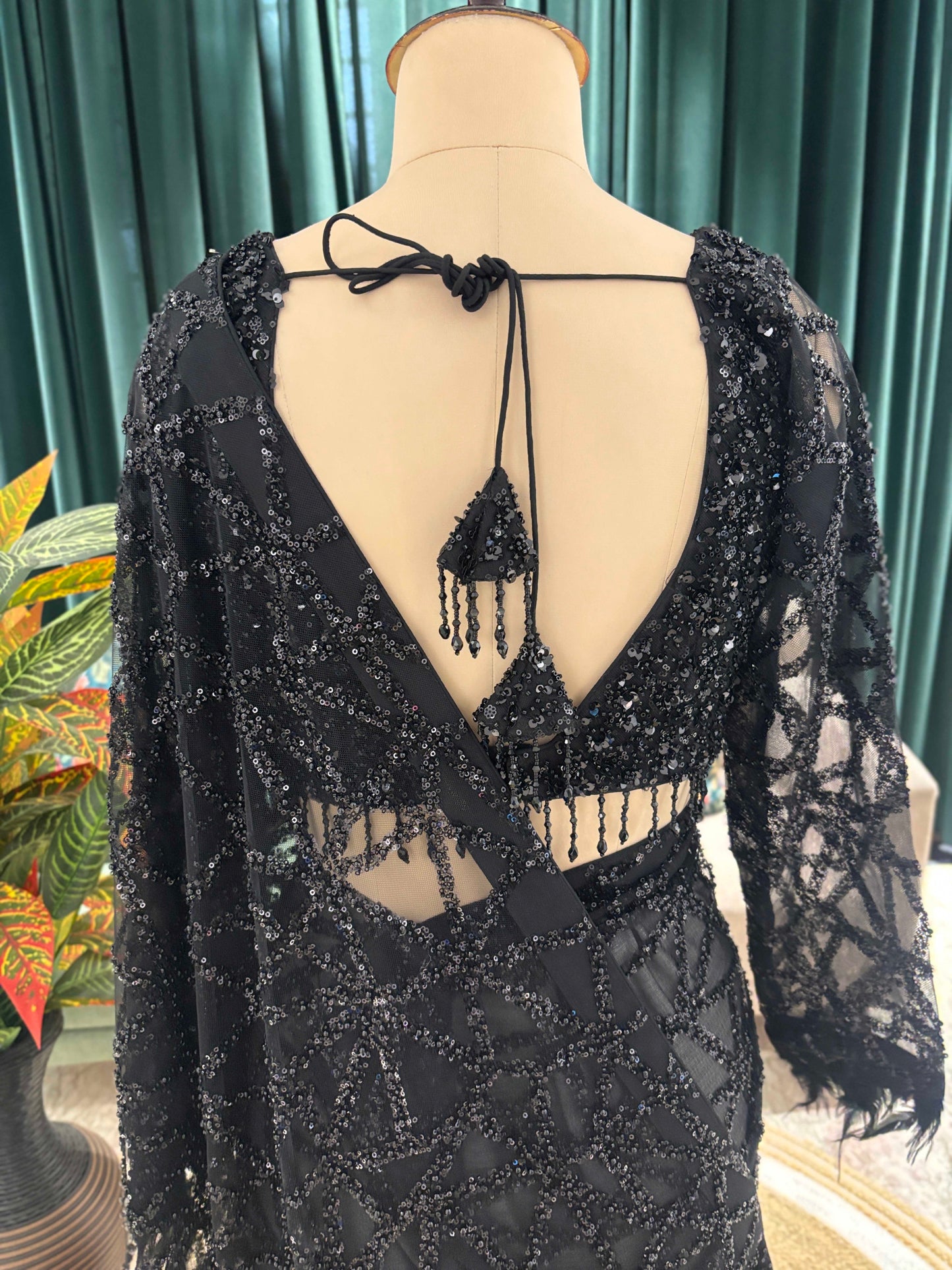 Black Designer Saree with Geometric Sequin Embroidery