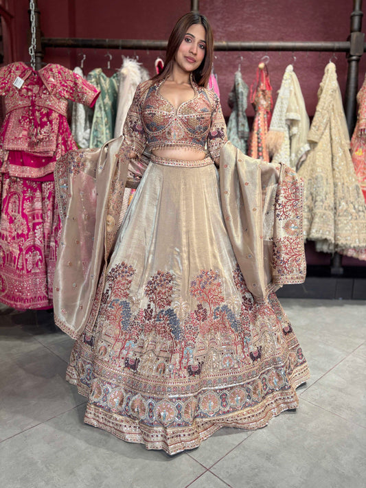 Champagne Gold Heritage Embroidered Designer Lehenga with Dupatta
