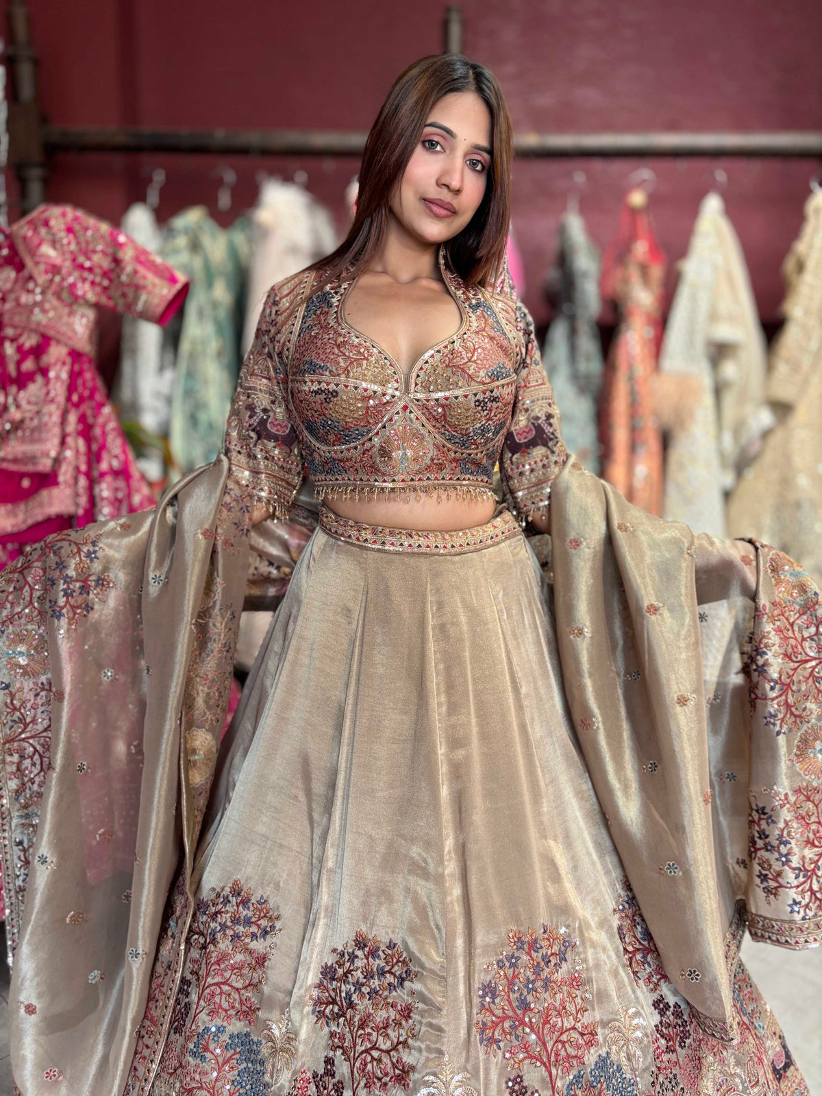Champagne Gold Heritage Embroidered Designer Lehenga with Dupatta