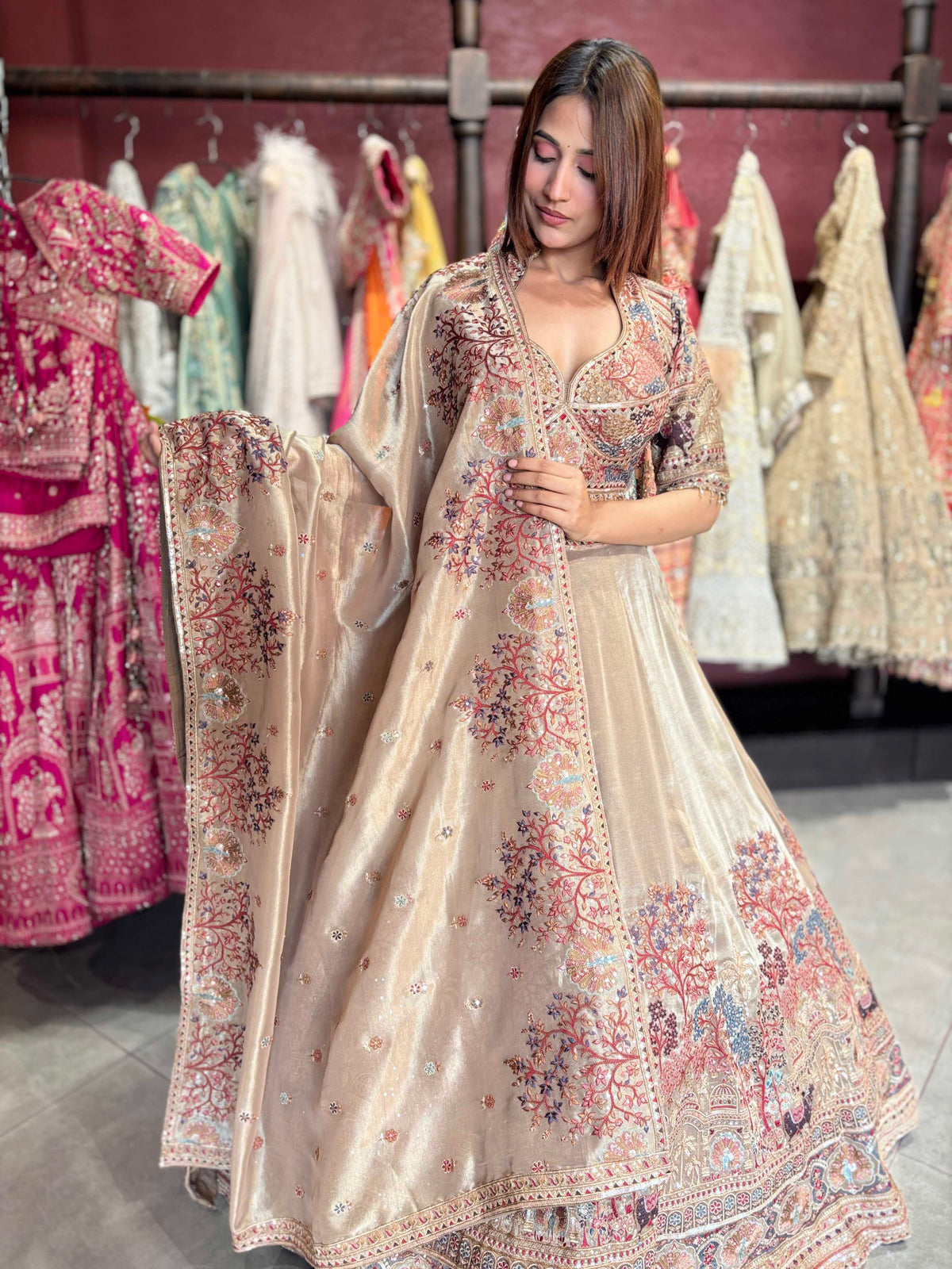 Champagne Gold Heritage Embroidered Designer Lehenga with Dupatta