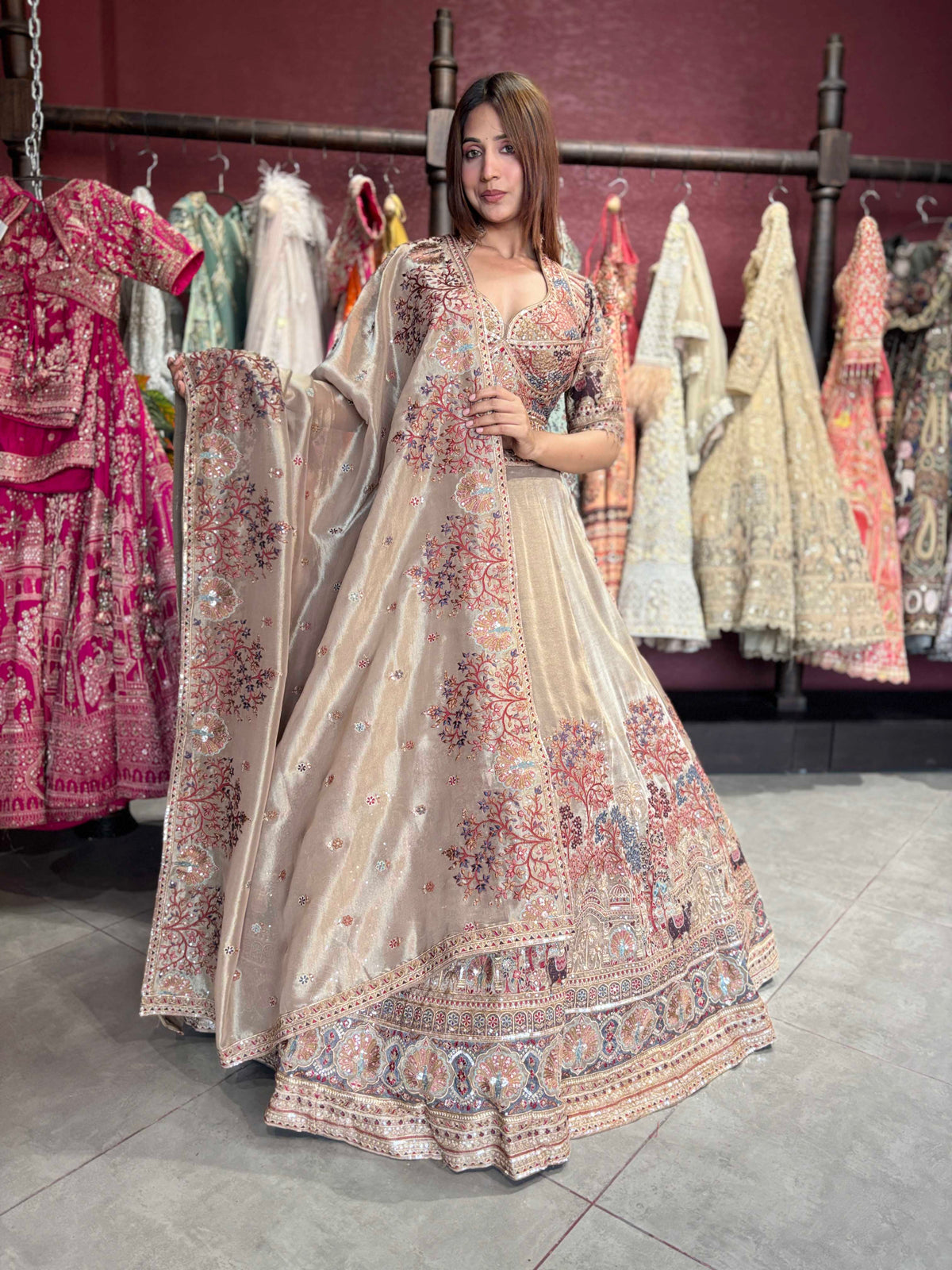 Champagne Gold Heritage Embroidered Designer Lehenga with Dupatta