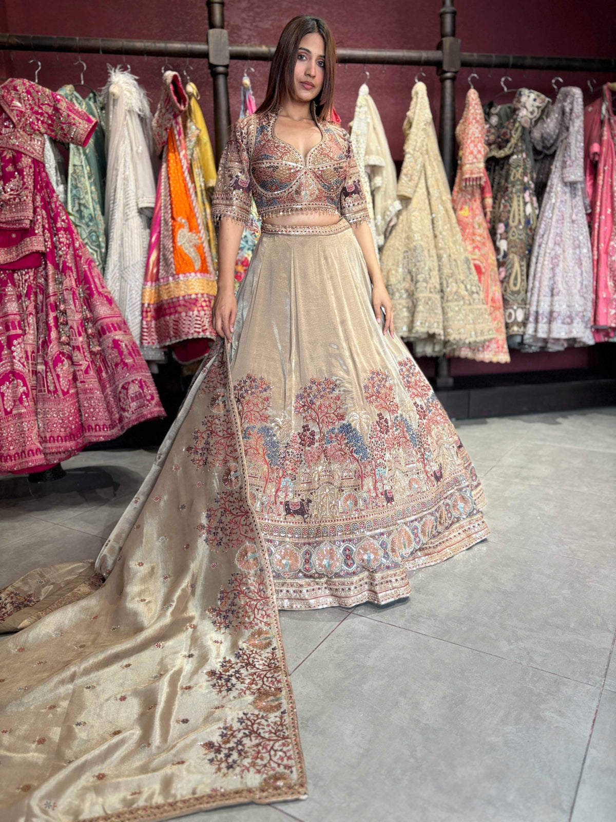 Champagne Gold Heritage Embroidered Designer Lehenga with Dupatta