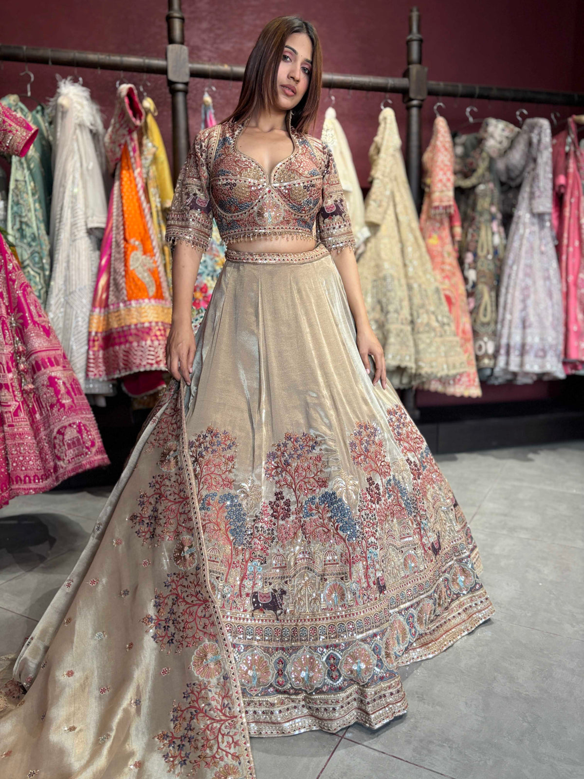 Champagne Gold Heritage Embroidered Designer Lehenga with Dupatta