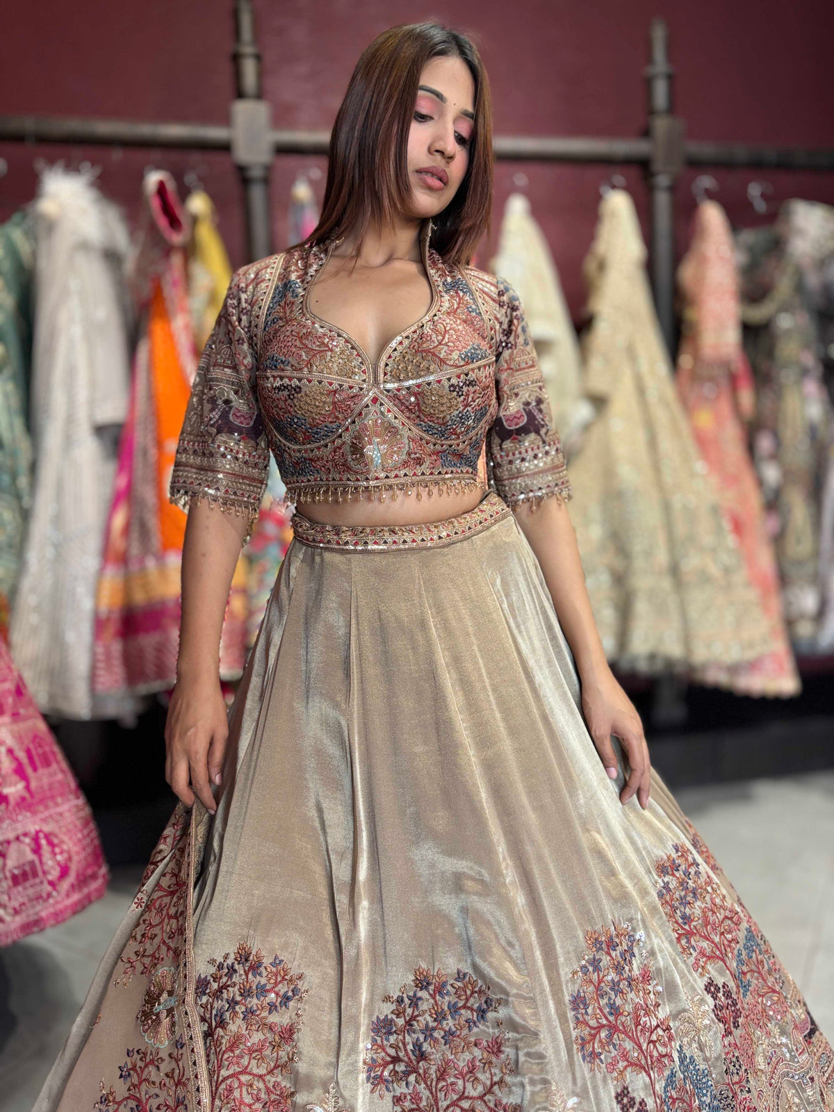 Champagne Gold Heritage Embroidered Designer Lehenga with Dupatta
