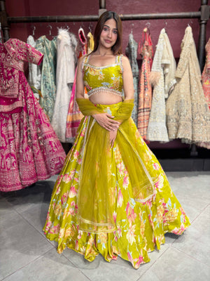 Mehendi Green Floral Printed Designer Lehenga with Embellished Blouse