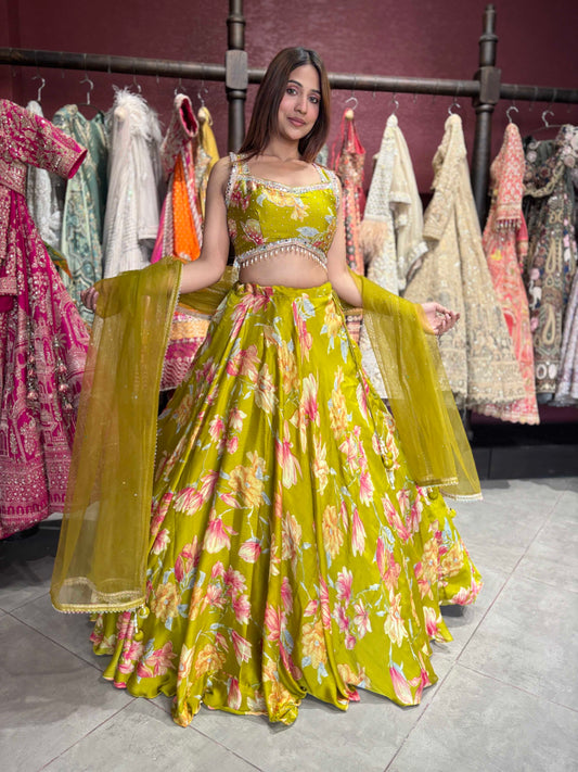 Mehendi Green Floral Printed Designer Lehenga with Embellished Blouse