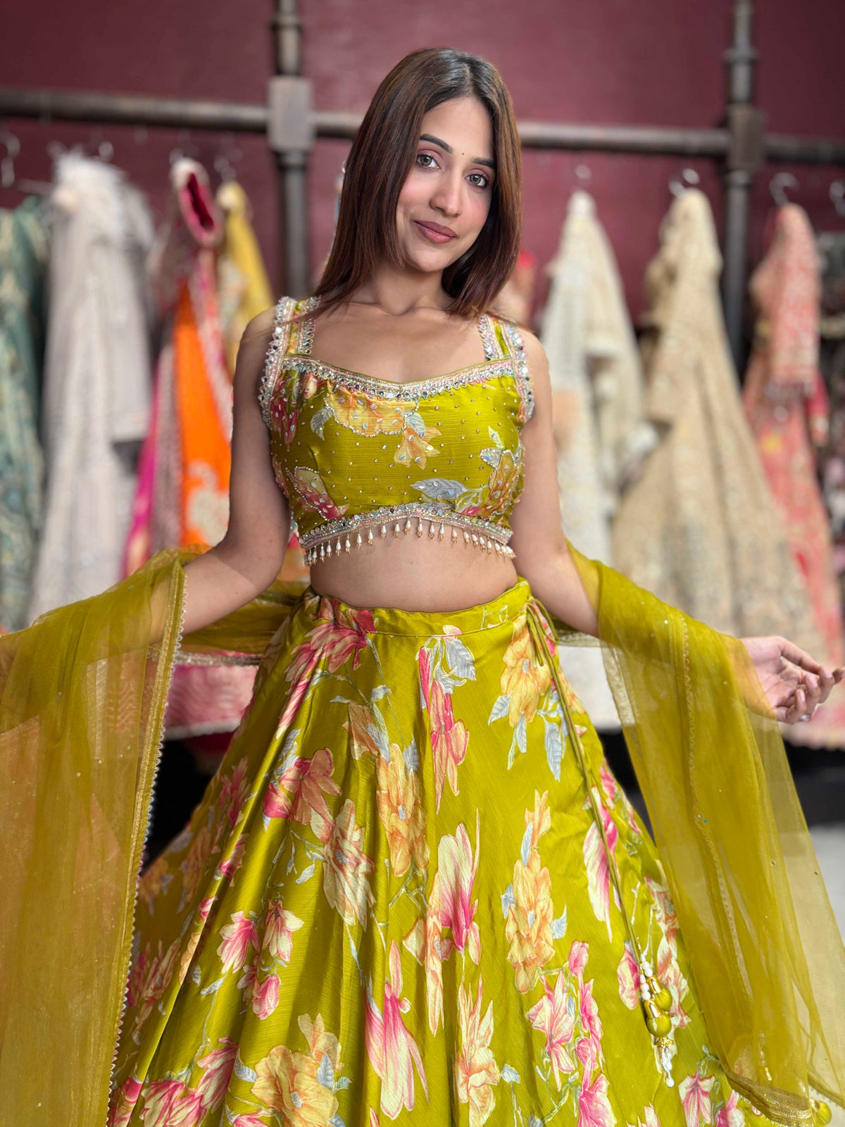 Mehendi Green Floral Printed Designer Lehenga with Embellished Blouse