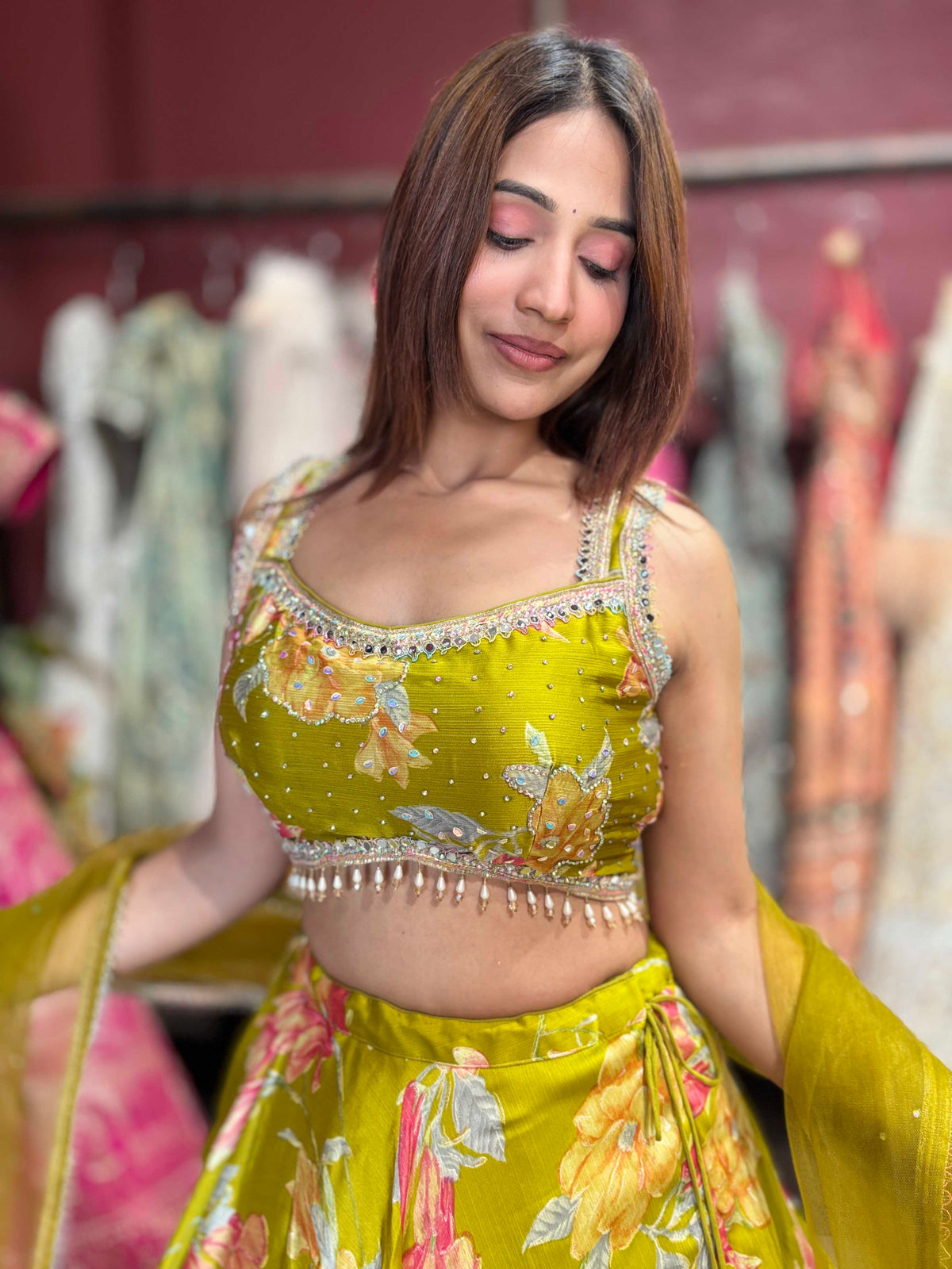 Mehendi Green Floral Printed Designer Lehenga with Embellished Blouse