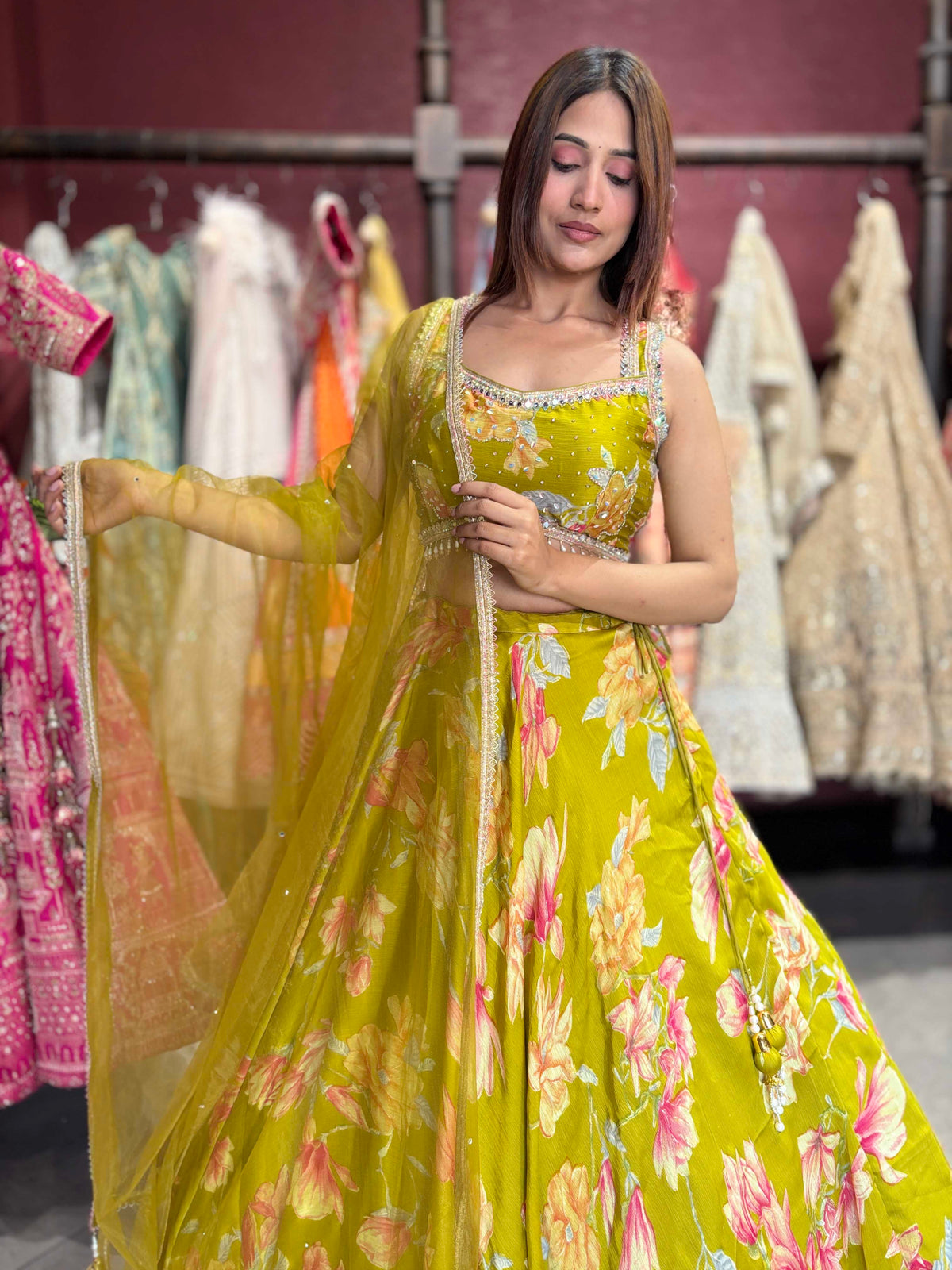 Mehendi Green Floral Printed Designer Lehenga with Embellished Blouse