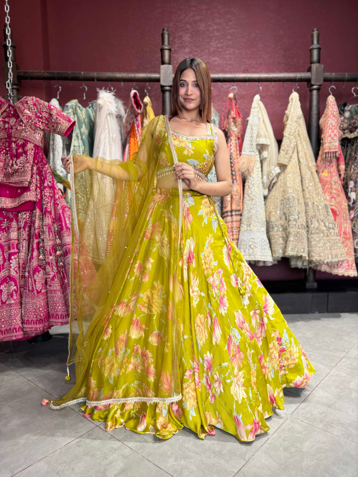 Mehendi Green Floral Printed Designer Lehenga with Embellished Blouse