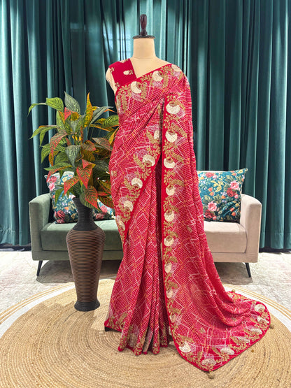 Red Bandhani Saree with Heavy Gold Embroidery