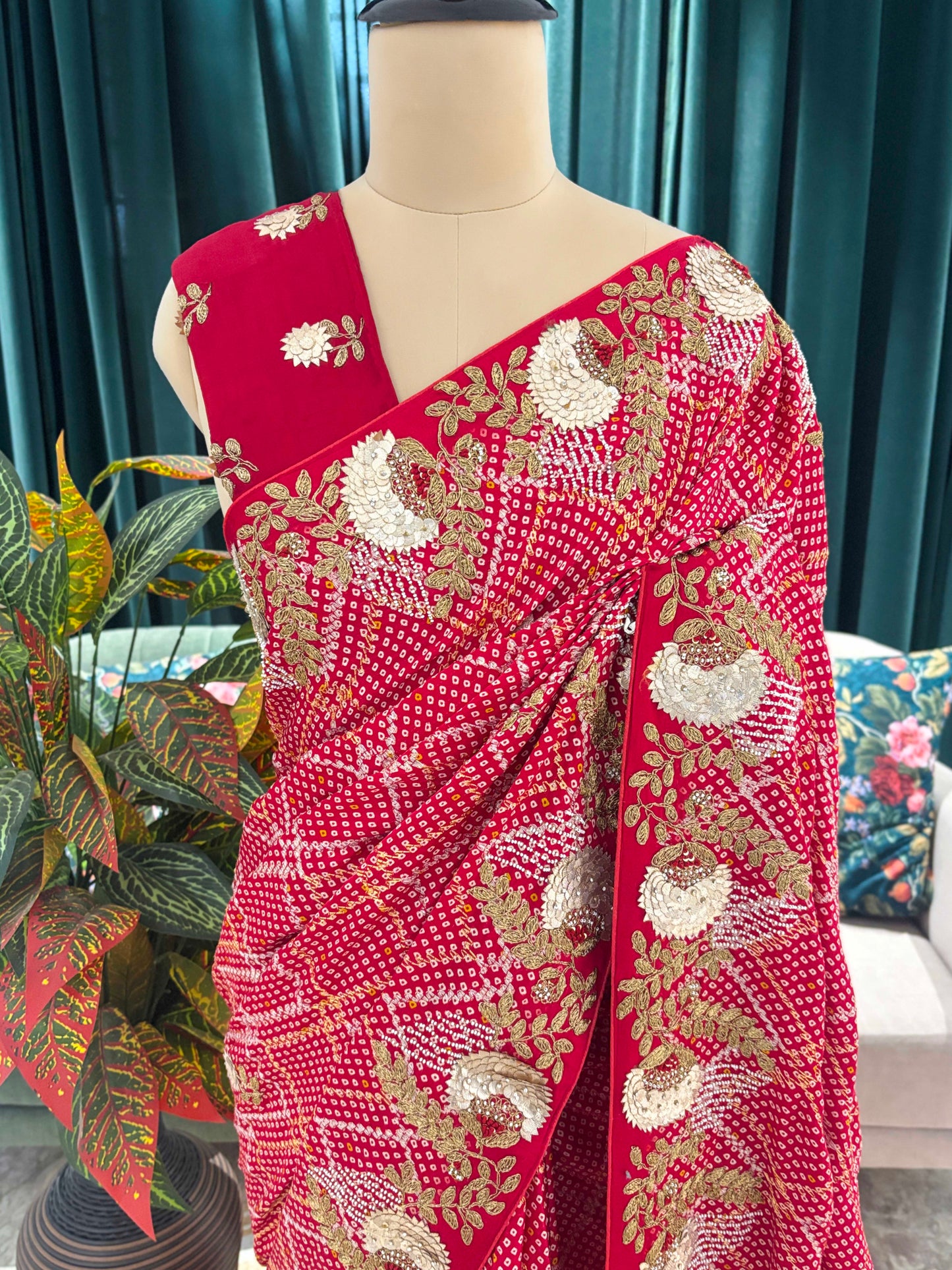 Red Bandhani Saree with Heavy Gold Embroidery