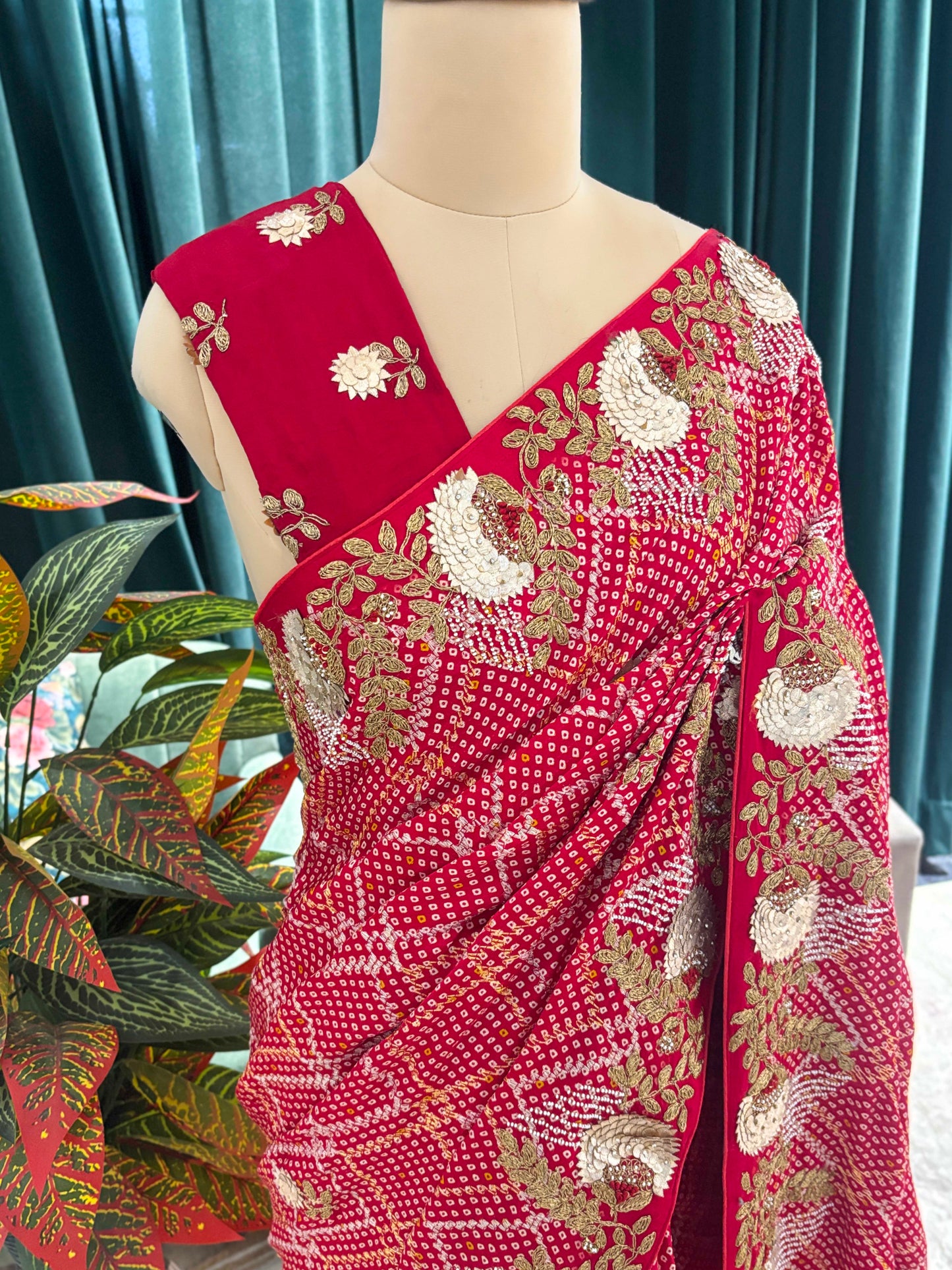 Red Bandhani Saree with Heavy Gold Embroidery