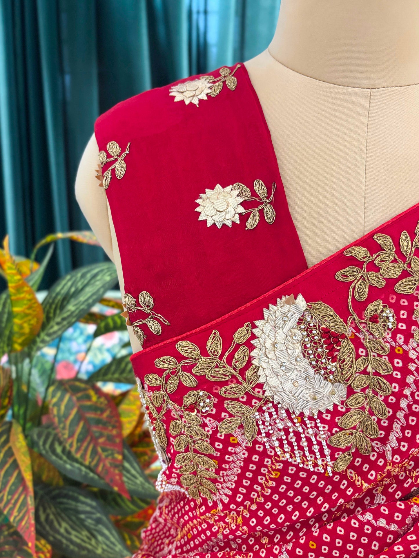 Red Bandhani Saree with Heavy Gold Embroidery
