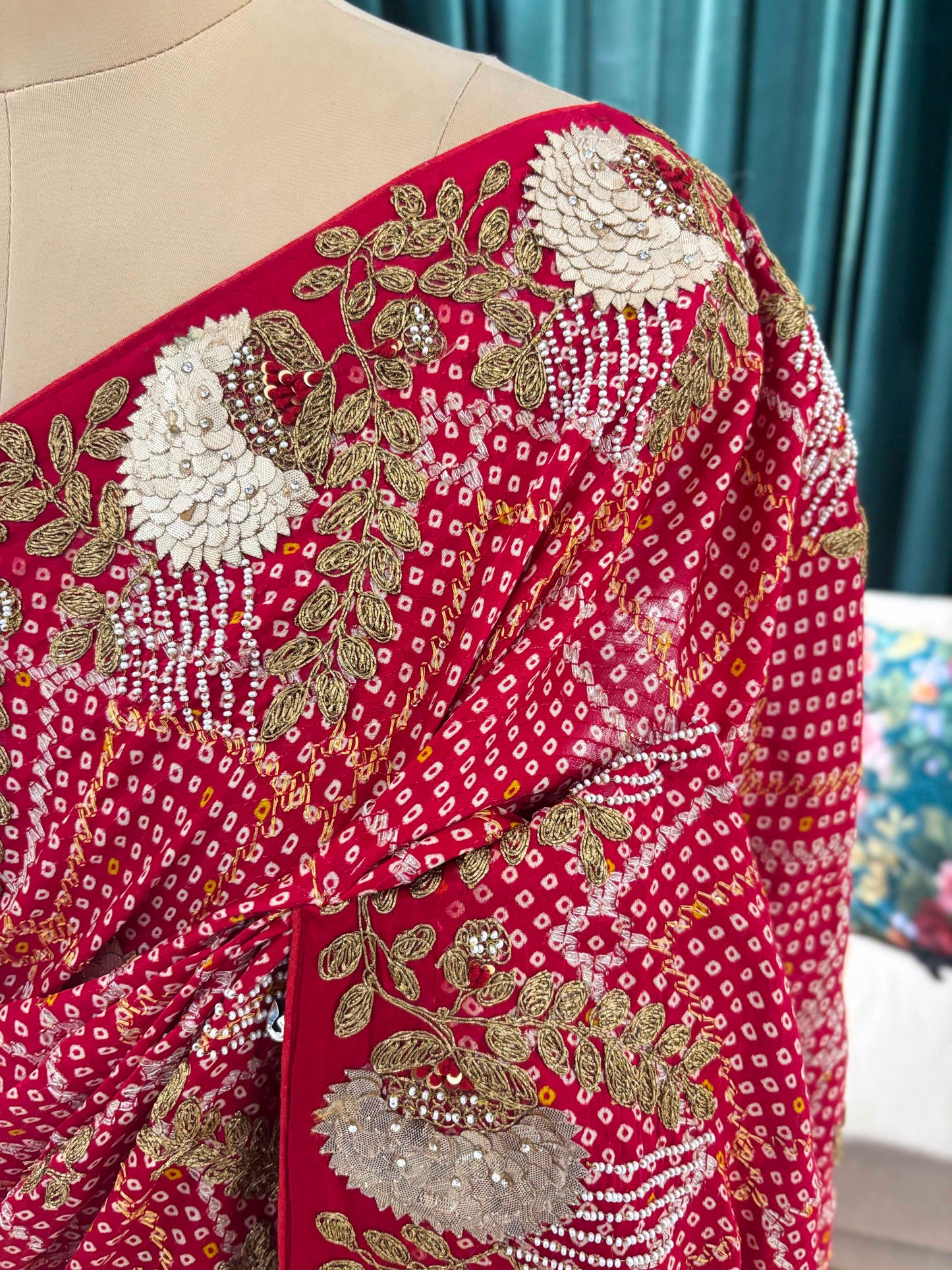 Red Bandhani Saree with Heavy Gold Embroidery