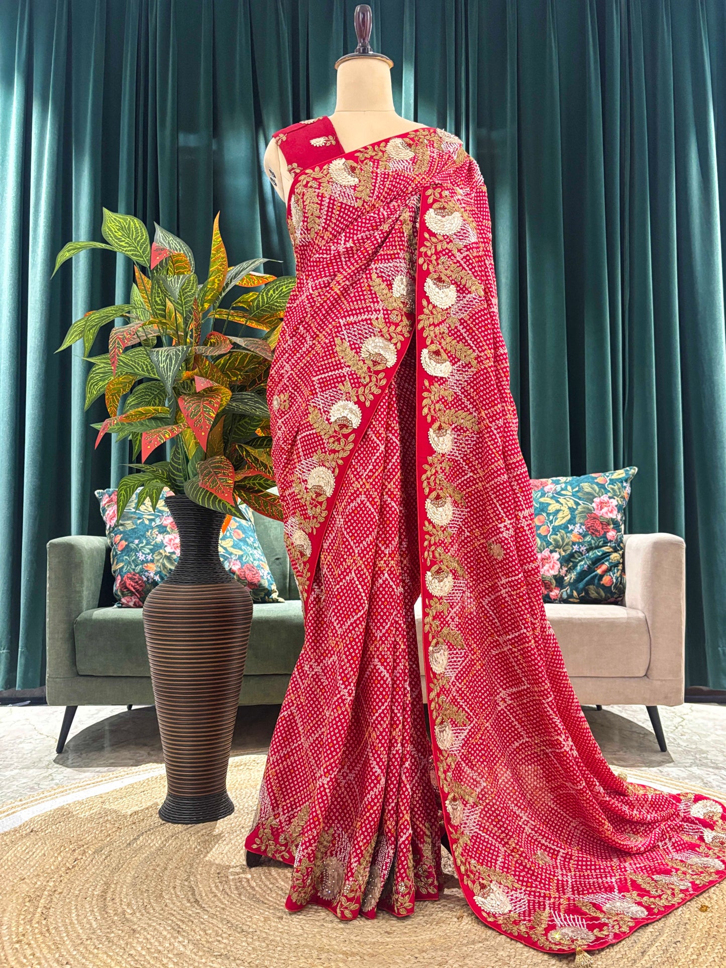 Red Bandhani Saree with Heavy Gold Embroidery